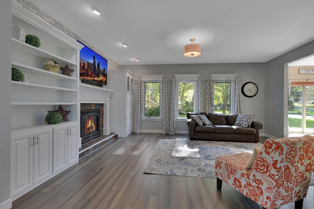 living area featuring a glass covered fireplace, wood finished floors, baseboards, and recessed lighting