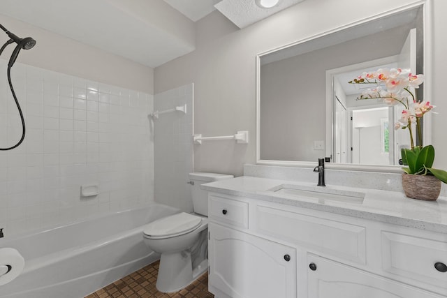bathroom with toilet, shower / bath combination, and vanity