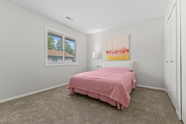 bedroom with carpet flooring, a textured ceiling, baseboards, and a closet