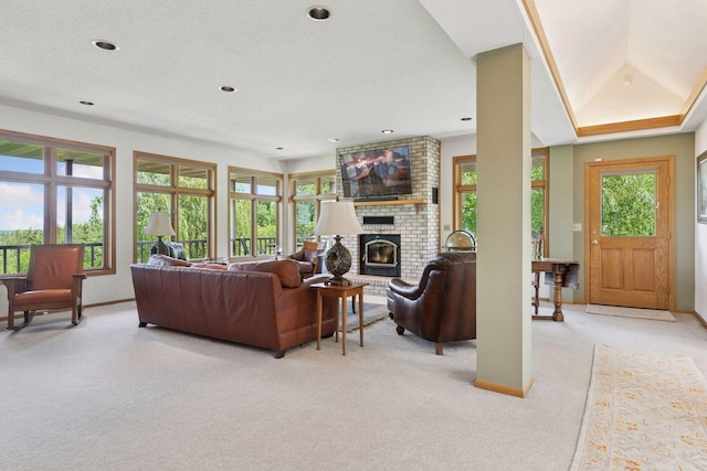 32875 Stanton Trl, Cannon Falls, MN 55009 - living room featuring light carpet, a brick fireplace, baseboards, and recessed lighting