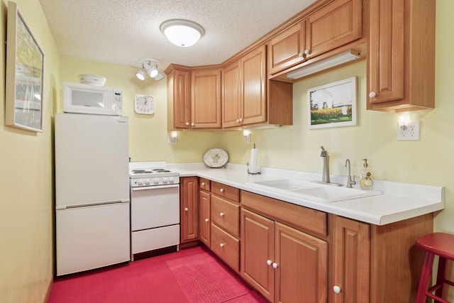 32875 Stanton Trl, Cannon Falls, MN 55009 - kitchen featuring white appliances, a sink, a textured ceiling, dark carpet, and light countertops