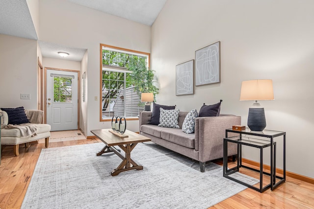 living area featuring wood finished floors and baseboards