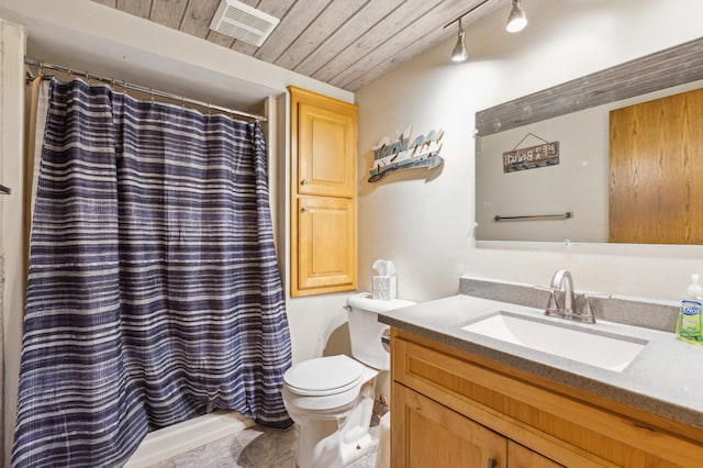 5651 164th Ln NW, Ramsey, MN 55303 - bathroom with toilet, vanity, a shower with shower curtain, and wooden ceiling