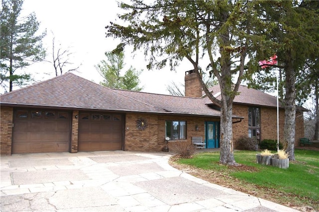 view of front of home featuring brick siding, an attached garage, a shingled roof, concrete driveway, and a chimney