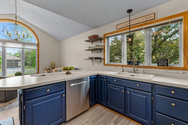 2001 Stonepine Ave, Hudson, WI 54016 - kitchen with blue cabinetry, a sink, stainless steel dishwasher, a peninsula, and vaulted ceiling