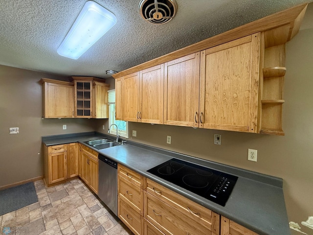 6914 1st St N, Moorhead, MN 56560 - kitchen featuring dishwasher, a sink, black electric stovetop, open shelves, and light stone finish floors