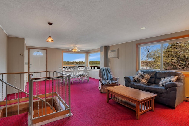 6032 Quinn Ave NW, Annandale, MN 55302 - living area featuring carpet, a ceiling fan, a textured ceiling, a wall mounted air conditioner, and a water view