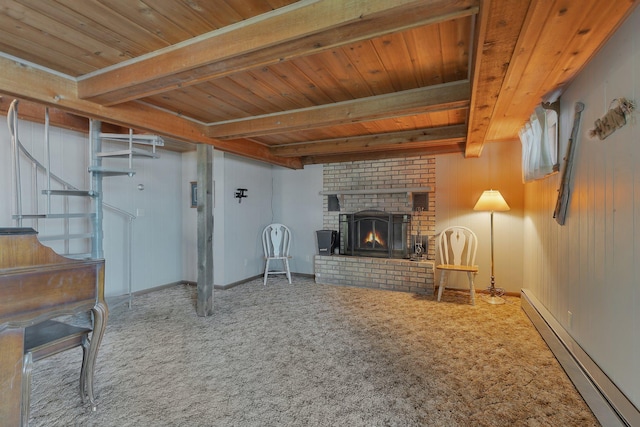 6032 Quinn Ave NW, Annandale, MN 55302 - living area featuring a baseboard radiator, carpet floors, wood ceiling, a fireplace, and beam ceiling