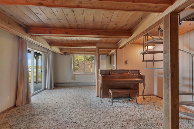 6032 Quinn Ave NW, Annandale, MN 55302 - living area with carpet flooring, baseboard heating, beamed ceiling, wooden ceiling, and wood walls