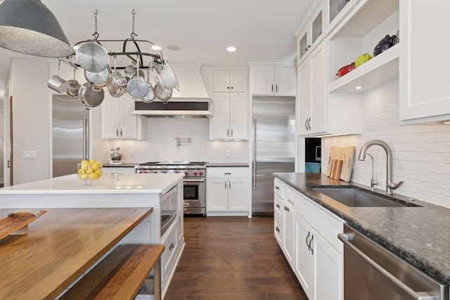 648 Sunset Ln, Mendota Heights, MN 55118 - kitchen with premium appliances, a sink, custom exhaust hood, a chandelier, and open shelves