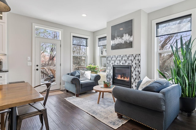 648 Sunset Ln, Mendota Heights, MN 55118 - living area featuring a glass covered fireplace, recessed lighting, and dark wood-type flooring