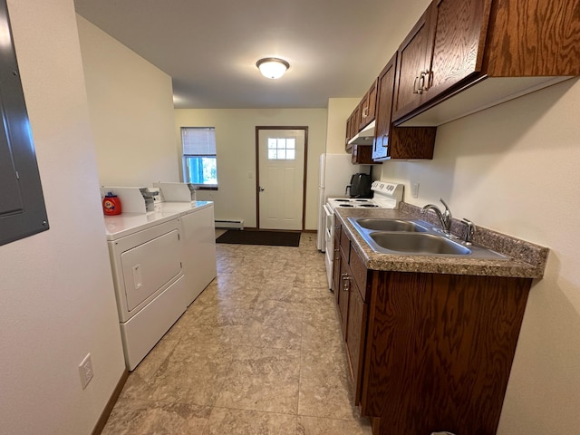 kitchen featuring white electric stove, under cabinet range hood, independent washer and dryer, dark brown cabinetry, and a sink