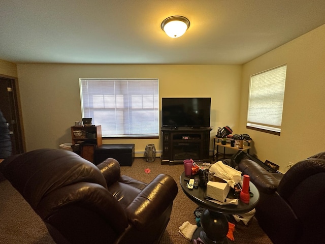 living room with carpet, healthy amount of natural light, and a baseboard radiator