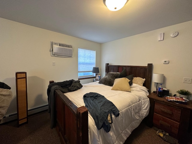 bedroom with dark colored carpet and a wall unit AC