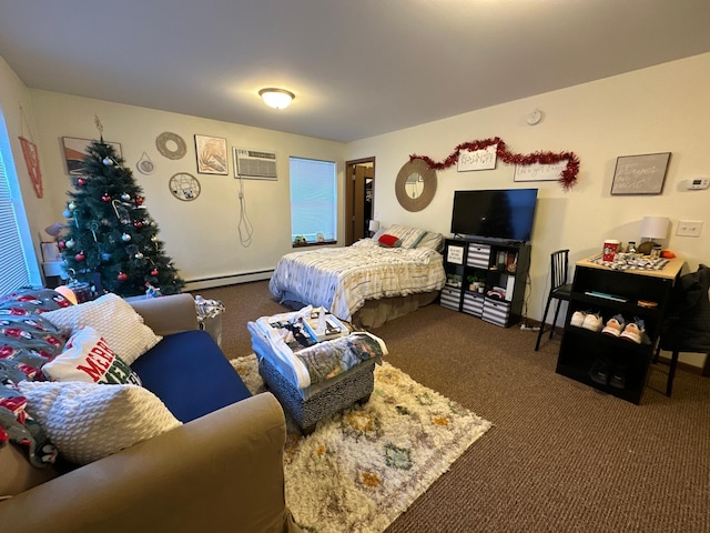 carpeted bedroom with a baseboard heating unit and a wall mounted air conditioner