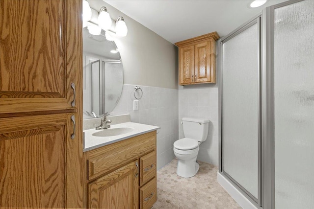 5935 County Road 11, Independence, MN 55359 - full bath featuring vanity, a shower stall, toilet, tile walls, and wainscoting