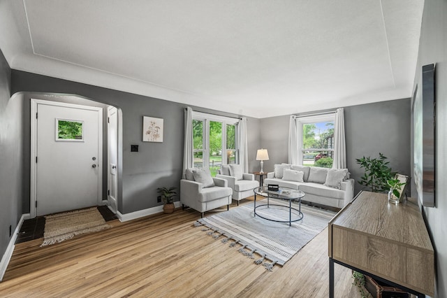 living room with light wood-type flooring, baseboards, and arched walkways
