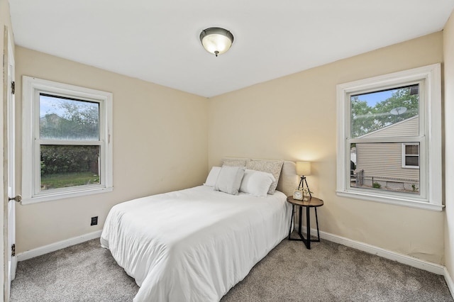 bedroom featuring multiple windows, baseboards, and carpet floors