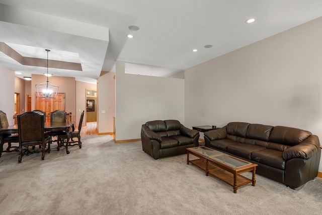 9363 Libby Ln, Eden Prairie, MN 55347 - living area with light carpet, baseboards, recessed lighting, a chandelier, and a tray ceiling