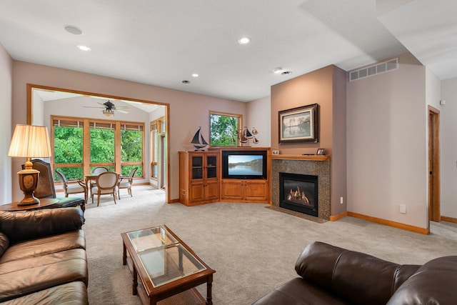9363 Libby Ln, Eden Prairie, MN 55347 - living room with light colored carpet, baseboards, a ceiling fan, healthy amount of natural light, and recessed lighting