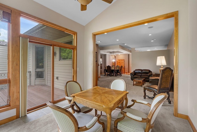 9363 Libby Ln, Eden Prairie, MN 55347 - dining area featuring baseboards, recessed lighting, lofted ceiling, ceiling fan, and light carpet