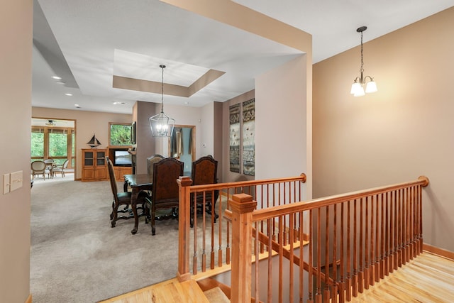 9363 Libby Ln, Eden Prairie, MN 55347 - stairs featuring a chandelier, carpet, baseboards, recessed lighting, and a raised ceiling
