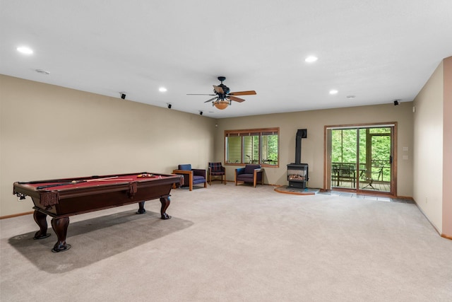 9363 Libby Ln, Eden Prairie, MN 55347 - rec room featuring a wood stove, pool table, recessed lighting, light carpet, and ceiling fan