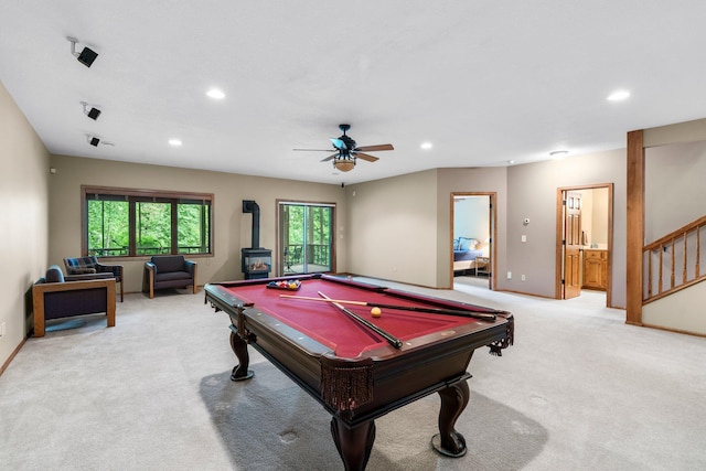 9363 Libby Ln, Eden Prairie, MN 55347 - playroom with a wood stove, light colored carpet, recessed lighting, billiards table, and ceiling fan