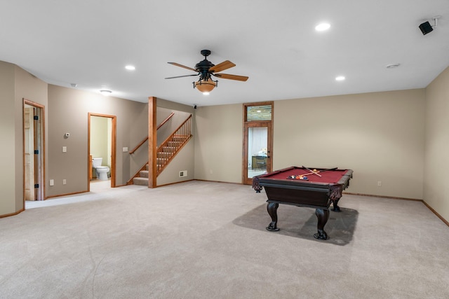 9363 Libby Ln, Eden Prairie, MN 55347 - recreation room with light colored carpet, recessed lighting, a ceiling fan, billiards, and baseboards