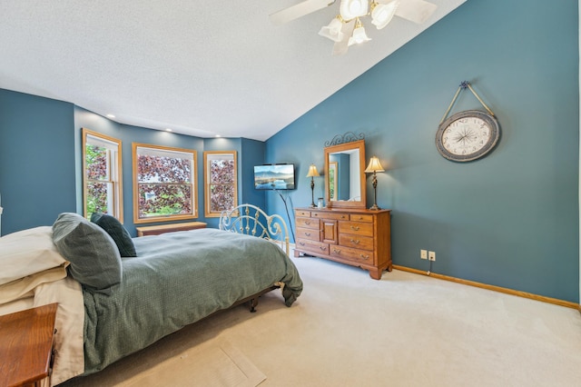 5155 Allen Dr, Woodbury, MN 55129 - bedroom with carpet floors, baseboards, a ceiling fan, vaulted ceiling, and a textured ceiling