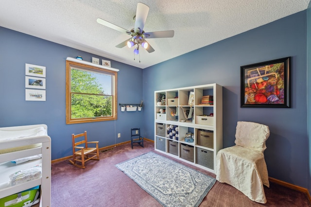 5155 Allen Dr, Woodbury, MN 55129 - sitting room featuring carpet flooring, baseboards, ceiling fan, and a textured ceiling