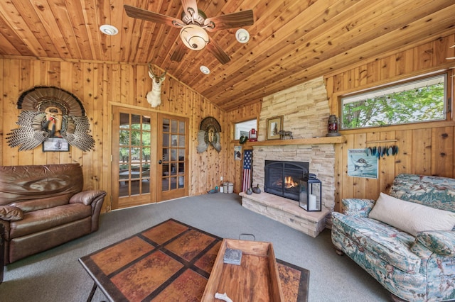 5155 Allen Dr, Woodbury, MN 55129 - living room featuring healthy amount of natural light, carpet, lofted ceiling, wooden walls, and wooden ceiling