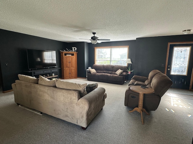 309 Oconnor St, Lakefield, MN 56150 - living area featuring a ceiling fan, carpet, and a textured ceiling