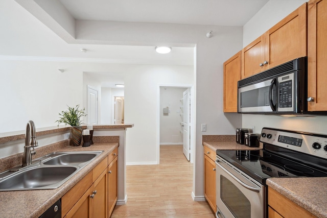 13560 Technology Dr Unit 1207, Eden Prairie, MN 55344 - kitchen with stainless steel electric range, a sink, light wood-style floors, baseboards, and brown cabinetry
