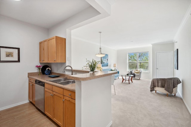 13560 Technology Dr Unit 1207, Eden Prairie, MN 55344 - kitchen featuring a sink, stainless steel dishwasher, open floor plan, ornamental molding, and a peninsula