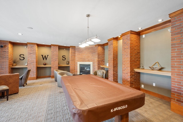 13560 Technology Dr Unit 1207, Eden Prairie, MN 55344 - game room featuring a glass covered fireplace, billiards, recessed lighting, baseboards, and carpet flooring
