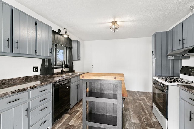 19867 Twin Lakes Rd, Darling Twp, MN 56345 - kitchen with range with gas stovetop, under cabinet range hood, black dishwasher, gray cabinets, and a sink
