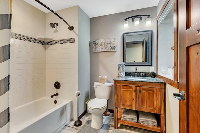 bathroom featuring toilet, shower / bathtub combination with curtain, and vanity