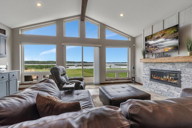 living room featuring plenty of natural light, a stone fireplace, wood finished floors, and recessed lighting