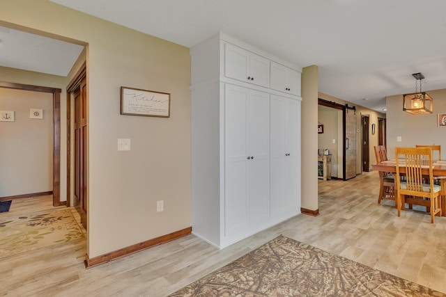21048 Eagle Dr, Leslie Twp, MN 56360 - hallway featuring a barn door, light wood finished floors, and baseboards