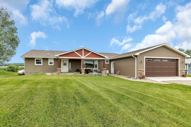 21048 Eagle Dr, Leslie Twp, MN 56360 - craftsman house with driveway, an attached garage, a front lawn, stone siding, and a porch