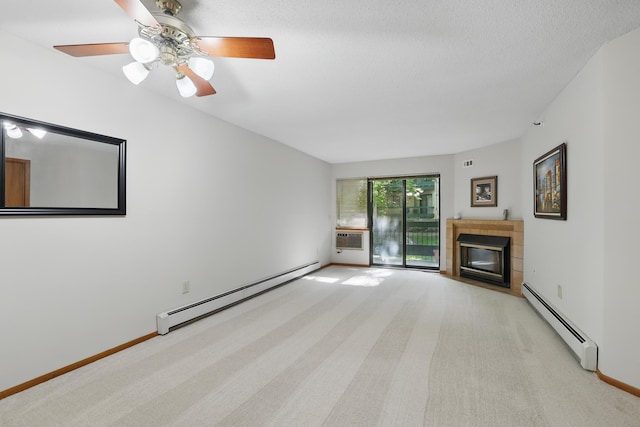 7625 Edinborough Way Unit 2116, Edina, MN 55435 - unfurnished living room featuring a baseboard heating unit, light carpet, a fireplace, and baseboards