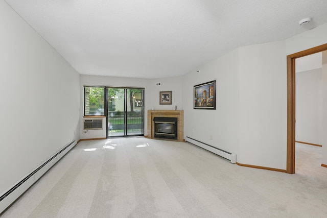 7625 Edinborough Way Unit 2116, Edina, MN 55435 - unfurnished living room with a baseboard heating unit, light carpet, a tile fireplace, and baseboards