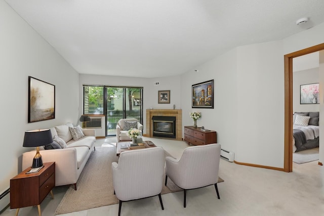 7625 Edinborough Way Unit 2116, Edina, MN 55435 - living area featuring baseboard heating, a fireplace, light carpet, and baseboards