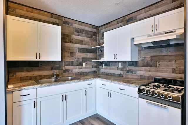 CABIN5 Gruenhagen Rd, Long Lake Twp, WI 54817 - kitchen featuring white range with gas cooktop, under cabinet range hood, a sink, wooden walls, and white cabinets