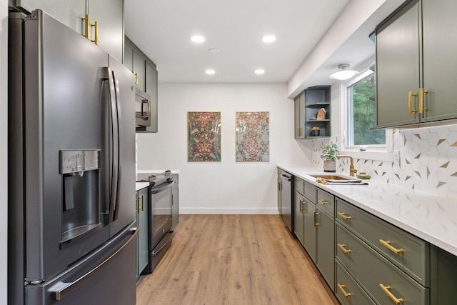 1795 Nolan Ave N, West Lakeland Twp, MN 55082 - kitchen with appliances with stainless steel finishes, open shelves, light wood finished floors, decorative backsplash, and recessed lighting