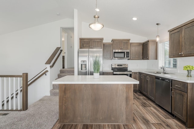 1129 Tiger Ct NE, Isanti, MN 55040 - kitchen featuring stainless steel appliances, a sink, vaulted ceiling, a center island, and hanging light fixtures