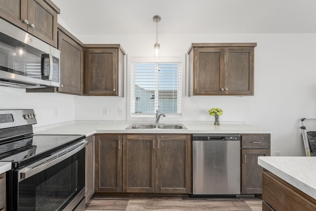 1129 Tiger Ct NE, Isanti, MN 55040 - kitchen with stainless steel appliances, a sink, light countertops, light wood-style flooring, and dark brown cabinets