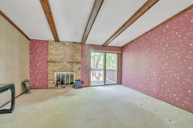 1567 Bavarian Pass, Fridley, MN 55432 - unfurnished living room featuring carpet flooring, beamed ceiling, wallpapered walls, and a brick fireplace