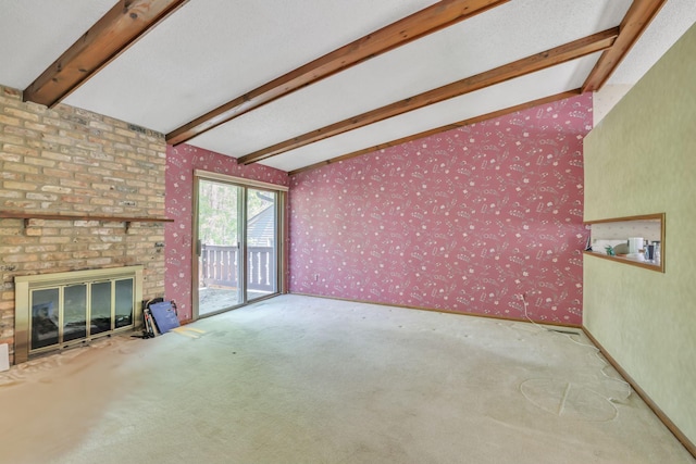 1567 Bavarian Pass, Fridley, MN 55432 - unfurnished living room featuring carpet, wallpapered walls, and a brick fireplace